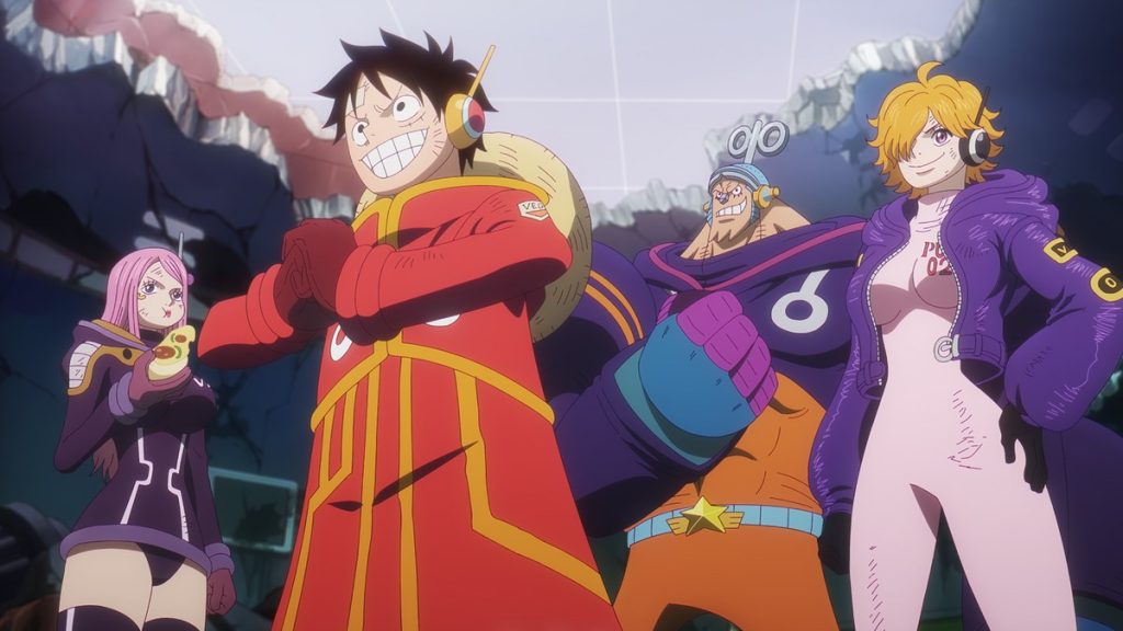 Official One Piece Episode 1124 story scene from Koby, Garp, Helmeppo, Prince Grus, Pizarro, Kuzan, Luffy, York, Vegapunk, Edison, Bonney, Saturn, Kizaru, Sentomaru, Stussy, Lucci, Zoro, Kuma, Sakazuki, the Straw Hats, the Seraphim, the Pacifista, Hachinosu, Mary Geoise, Elbaf, and Egghead