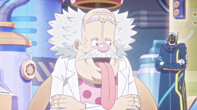 Official One Piece Episode 1143 story scene from Vegapunk, Luffy, Kizaru, Saturn, Bonney, Kuma, Caribou, Catarina Devon, Van Augur, Blackbeard, Dorry, Brogy, the Giant Warrior Pirates, Dragon, Sabo, Ivankov, Ju Peter, Nusjuro, Warcury, Mars, Zoro, Lucci, Sanji, Brook, Lilith, Stussy, Kaku, Edison, the Iron Giant, the Pacifistas, the Marines, Egghead, Punk Records, and the Frontier Dome