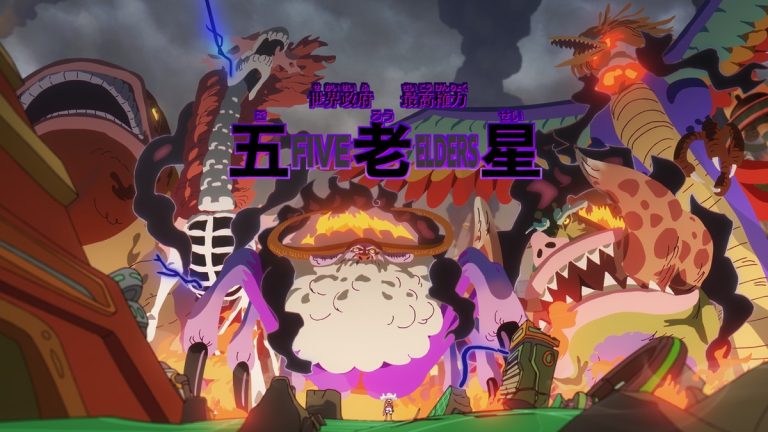 Official One Piece Episode 1144 story scene from Vegapunk, Luffy, Kizaru, Saturn, Bonney, Kuma, Caribou, Catarina Devon, Van Augur, Blackbeard, Dorry, Brogy, the Giant Warrior Pirates, Dragon, Sabo, Ivankov, Ju Peter, Nusjuro, Warcury, Mars, Zoro, Lucci, Sanji, Brook, Lilith, Stussy, Kaku, Edison, the Iron Giant, the Pacifistas, the Marines, Egghead, Punk Records, and the Frontier Dome