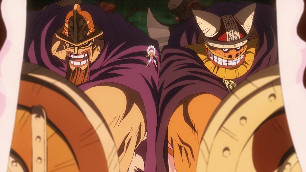 Official One Piece Episode 1145 story scene from Vegapunk, Luffy, Kizaru, Saturn, Bonney, Kuma, Caribou, Catarina Devon, Van Augur, Blackbeard, Dorry, Brogy, the Giant Warrior Pirates, Dragon, Sabo, Ivankov, Ju Peter, Nusjuro, Warcury, Mars, Zoro, Lucci, Sanji, Brook, Lilith, Stussy, Kaku, Edison, the Iron Giant, the Pacifistas, the Marines, Egghead, Punk Records, and the Frontier Dome