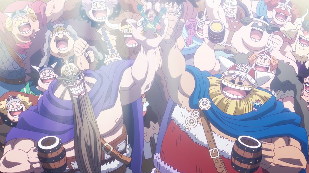 Official One Piece Episode 1154 story scene from Clover, Vegapunk, Ohara, Atlas, Lilith, Bonney, Kuma, Ginny, Luffy, Saturn, Emeth, Joy Boy, the Five Elders, Kizaru, Akainu, York, Edison, Punk Records, Garling, Imu, Dorry, Brogy, the Giant Warrior Pirates, Usopp, Shanks, Bartolomeo, Yasopp, Blackbeard, Kuzan, Garp, Koby, Lafitte, Nami, the Sunny, Egghead, and Elbaf