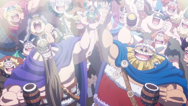 Official One Piece Episode 1154 story scene from Clover, Vegapunk, Ohara, Atlas, Lilith, Bonney, Kuma, Ginny, Luffy, Saturn, Emeth, Joy Boy, the Five Elders, Kizaru, Akainu, York, Edison, Punk Records, Garling, Imu, Dorry, Brogy, the Giant Warrior Pirates, Usopp, Shanks, Bartolomeo, Yasopp, Blackbeard, Kuzan, Garp, Koby, Lafitte, Nami, the Sunny, Egghead, and Elbaf