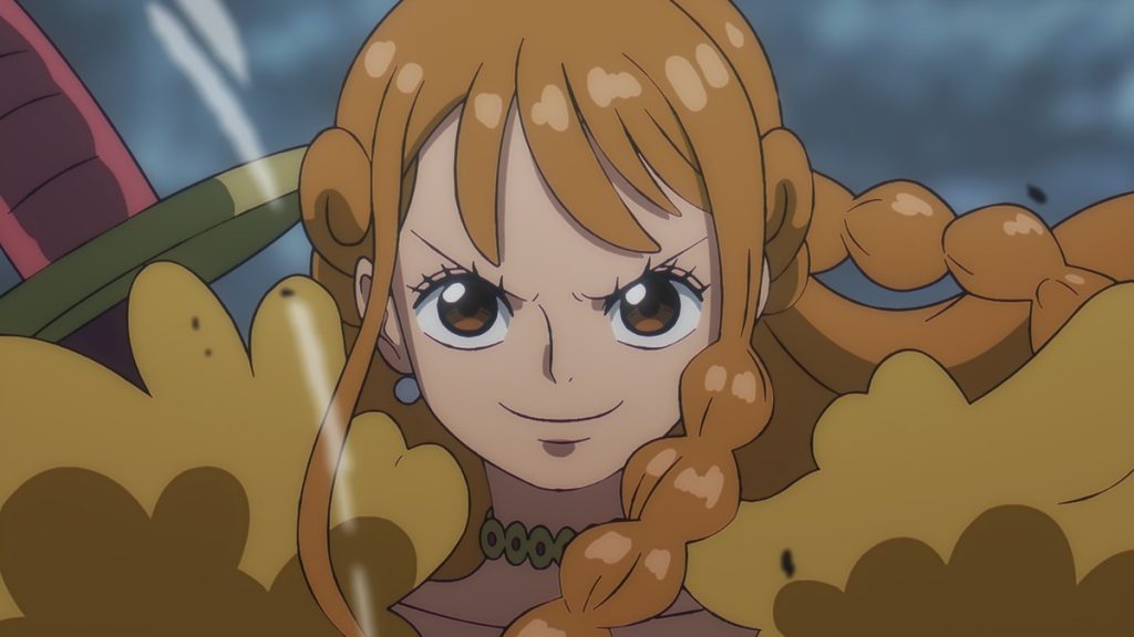 Official One Piece Episode 1159 story scene from Nami, Usopp, Zeus, Chopper, Luffy, Zoro, Sanji, Road, Hajrudin, Gerd, Goldberg, Iscat, Loki, King Harald, Treasure Tree Adam, Shanks, Robin, Brook, Saul, the Straw Hats, the Giant Warrior Pirates, the Sunny, Block Country, Warland, the Underworld, and Elbaf