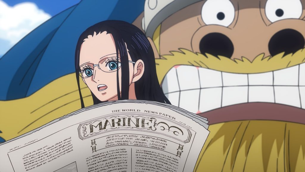 Official One Piece Episode 1160 story scene from Nami, Usopp, Zeus, Chopper, Luffy, Zoro, Sanji, Road, Hajrudin, Gerd, Goldberg, Iscat, Loki, King Harald, Treasure Tree Adam, Shanks, Robin, Brook, Saul, the Straw Hats, the Giant Warrior Pirates, the Sunny, Block Country, Warland, the Underworld, and Elbaf
