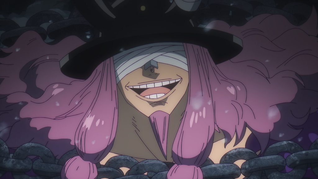 Official One Piece Episode 1161 story scene from Nami, Usopp, Zeus, Chopper, Luffy, Zoro, Sanji, Road, Hajrudin, Gerd, Goldberg, Iscat, Loki, King Harald, Treasure Tree Adam, Shanks, Robin, Brook, Saul, the Straw Hats, the Giant Warrior Pirates, the Sunny, Block Country, Warland, the Underworld, and Elbaf