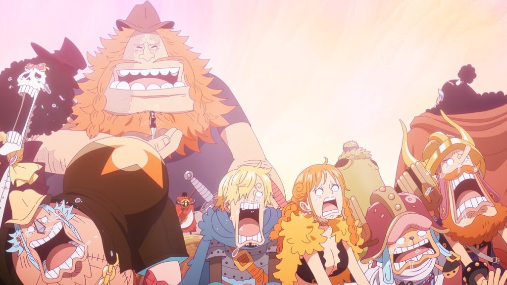 Official One Piece Episode 1164 story scene from Usopp, Luffy, Zoro, Sanji, Chopper, Nami, Robin, Saul, Brook, Franky, Jinbe, Lilith, Bonney, Gerd, Goldberg, Hajrudin, Road, Colon, Ripley, Jorul, Dorry, Loki, King Harald, Shanks, Shamrock, Gunko, the Holy Knights, Harley, Nika, Treasure Tree Adam, the Owl Library, Walrus School, Aurust Castle, and Elbaf