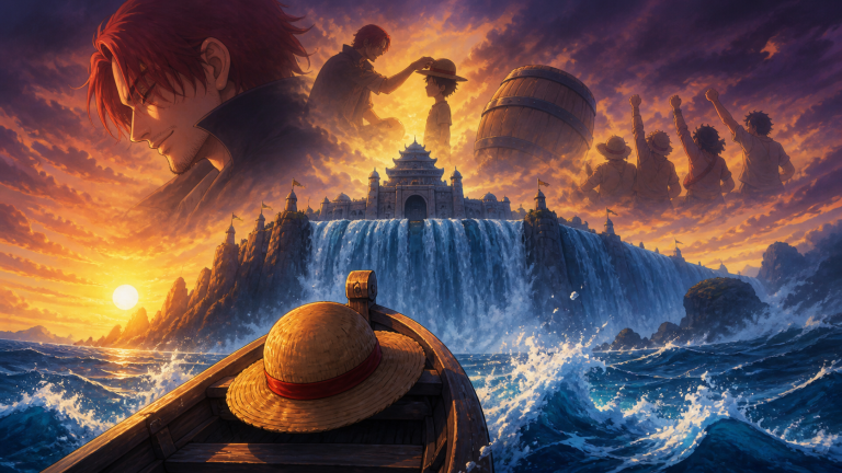 A straw hat in a small boat approaches a waterfall fortress beneath memories of a mentor and first crew promises