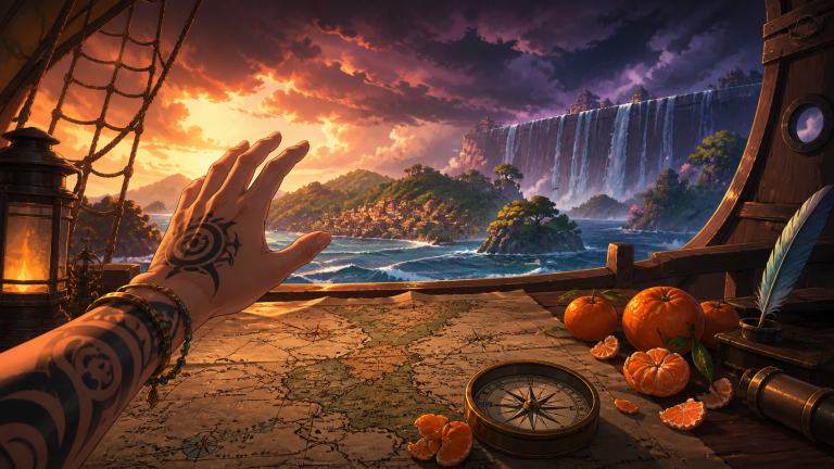 A navigator reaches across sea charts, compass, and tangerines toward a waterfall fortress