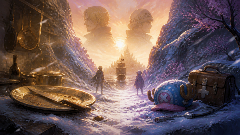 A cook’s knife and doctor’s hat frame a snowy passage toward a pirate ship and distant fortress
