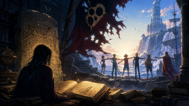 An archaeologist reads an illuminated history book while a pirate crew waits beyond a torn government flag