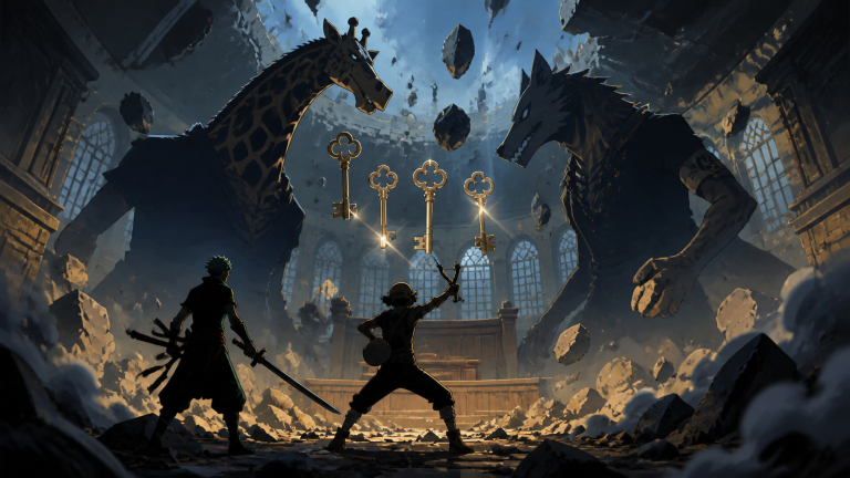 Giraffe and wolf Zoan shadows loom over crossed sword trails inside the Enies Lobby tower
