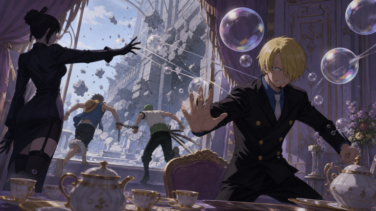 A fallen suited cook lies below stairs as a determined weather fighter climbs toward a glowing bubble chamber