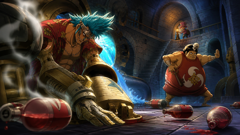 A broad mechanical fighter and an owl-like martial artist collide as cola bottles burst across a judicial tower room