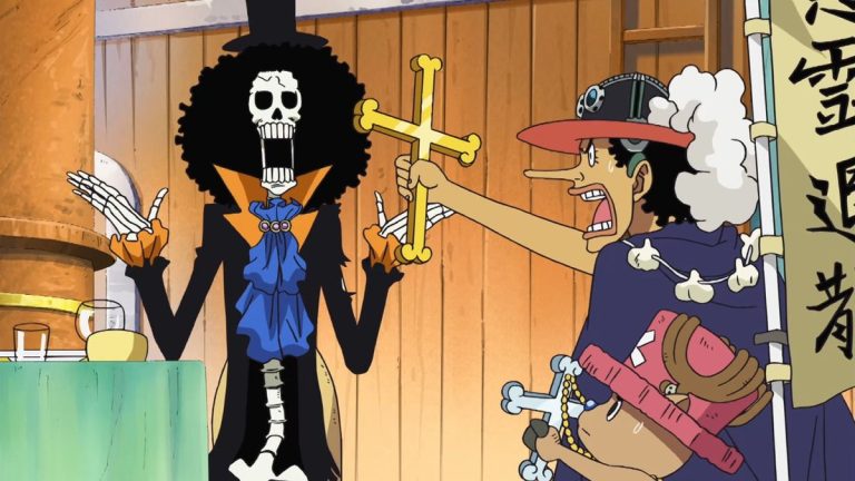 Official One Piece Episode 338 story scene from the Florian Triangle, Brook’s arrival, Thriller Bark, and Dr. Hogback’s mansion