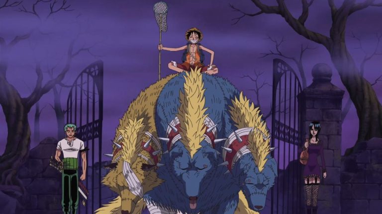 Official One Piece Episode 341 story scene from the Florian Triangle, Brook’s arrival, Thriller Bark, and Dr. Hogback’s mansion