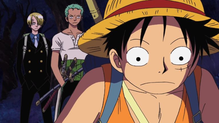 Official One Piece Episode 343 story scene from Hogback’s zombie laboratory, Gecko Moria’s shadow trap, Ryuma, Perona, and the zombie night raid