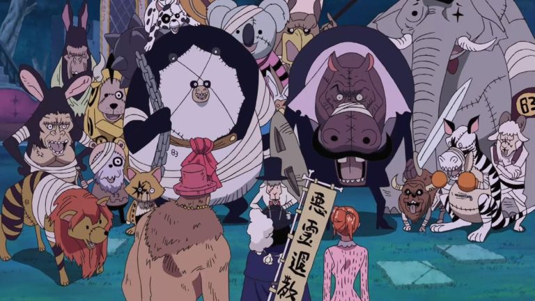 Official One Piece Episode 345 story scene from Hogback’s zombie laboratory, Gecko Moria’s shadow trap, Ryuma, Perona, and the zombie night raid