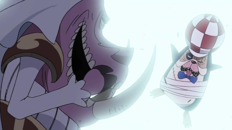 Official One Piece Episode 347 story scene from Inuppe and Jigoro, Brook’s return, zombie purification, Luffy’s stolen shadow, and Oars awakening