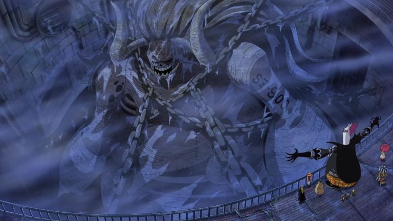 Official One Piece Episode 350 story scene from Inuppe and Jigoro, Brook’s return, zombie purification, Luffy’s stolen shadow, and Oars awakening