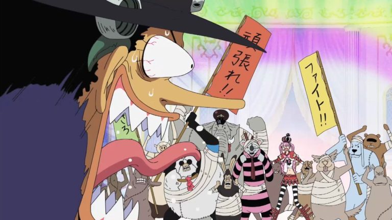Official One Piece Episode 356 story scene from Brook’s afro vow, Laboon, the shadowless crew, the dawn deadline, Hogback, Moria, and Perona