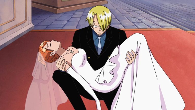 Official One Piece Episode 358 story scene from Oars, the General Zombies, Absalom’s coerced wedding, Moria’s Doppelman, Sanji, Nami, Usopp, and Perona