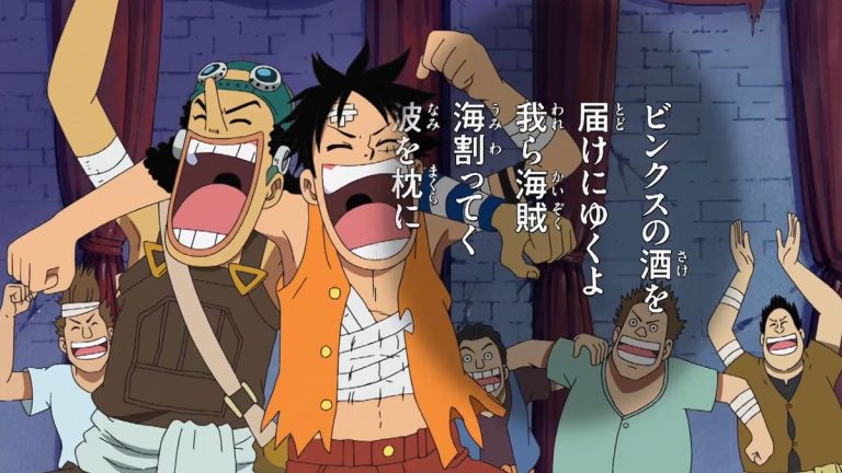 Official One Piece Episode 380 story scene from Zoro taking Luffy’s pain, Brook remembering Laboon and the Rumbar Pirates, Binks’ Sake, and Brook joining the crew