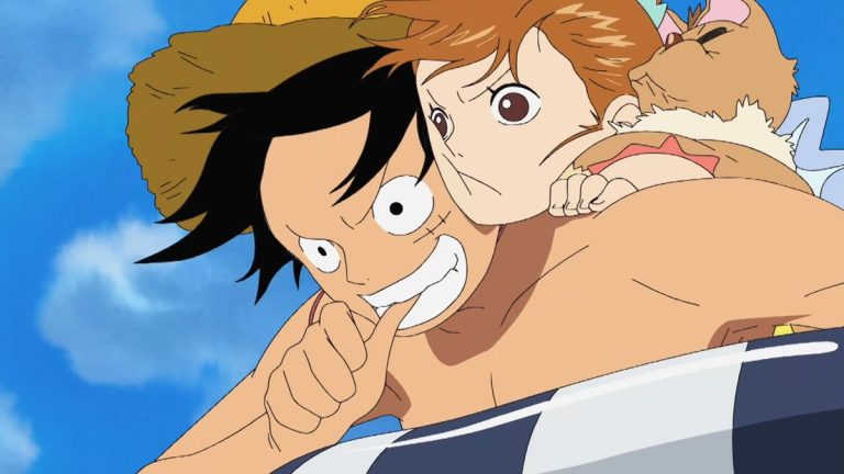 Official One Piece Episode 383 story scene from Spa Island, Brook aboard the Thousand Sunny, the Red Line, Camie, Pappag, Hatchan, and Duval