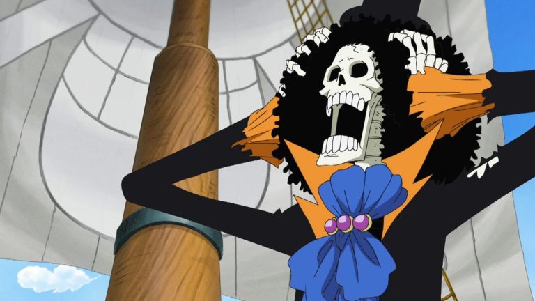 Official One Piece Episode 384 story scene from Spa Island, Brook aboard the Thousand Sunny, the Red Line, Camie, Pappag, Hatchan, and Duval