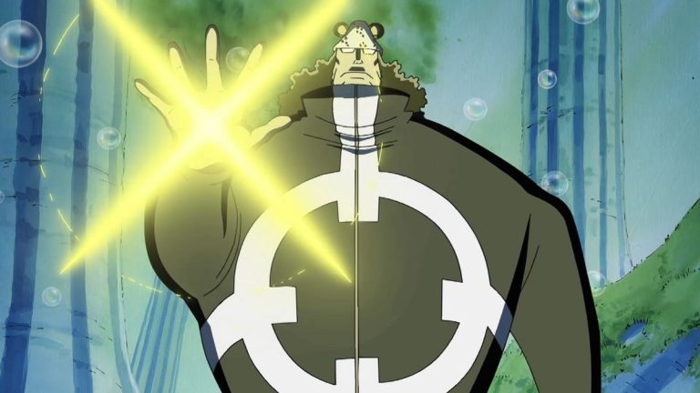 Official One Piece Episode 402 story scene from the Pacifista battle, Sentomaru, Kizaru, Rayleigh, Kuma, and the Straw Hats’ complete defeat