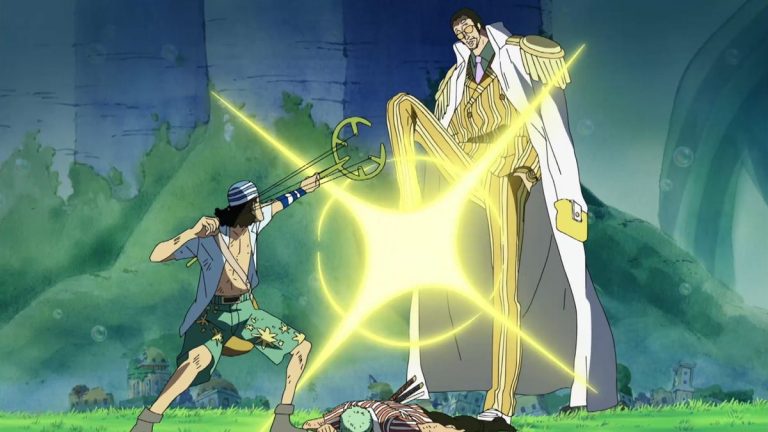 Official One Piece Episode 404 story scene from the Pacifista battle, Sentomaru, Kizaru, Rayleigh, Kuma, and the Straw Hats’ complete defeat