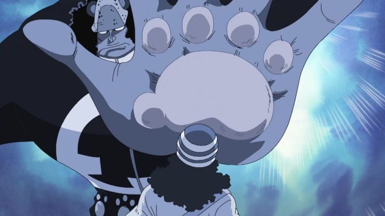 Official One Piece Episode 405 story scene from the Pacifista battle, Sentomaru, Kizaru, Rayleigh, Kuma, and the Straw Hats’ complete defeat