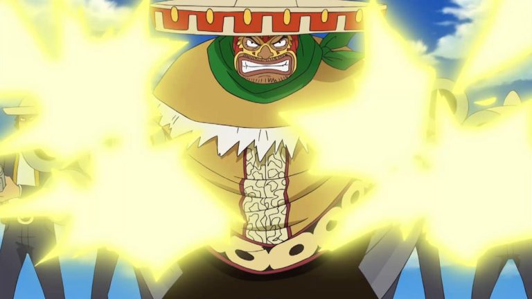 Official One Piece Episode 427 story scene from the Little East Blue and Strong World television tie-in specials, Boss, Yoko, the Amigo Pirates, Jinbe, Whitebeard, Galdino, and the Impel Down Sphinx