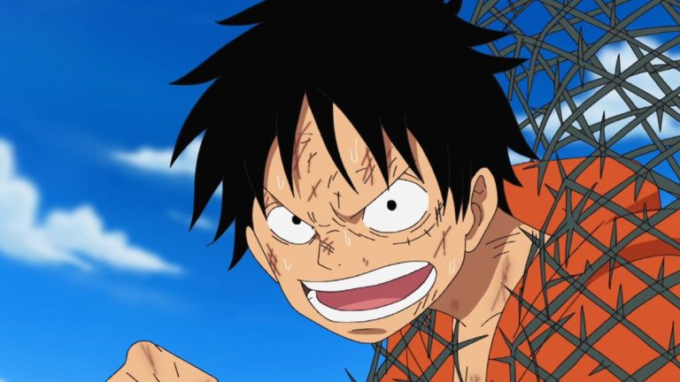 Official One Piece Episode 428 story scene from the Little East Blue and Strong World television tie-in specials, Boss, Yoko, the Amigo Pirates, Jinbe, Whitebeard, Galdino, and the Impel Down Sphinx