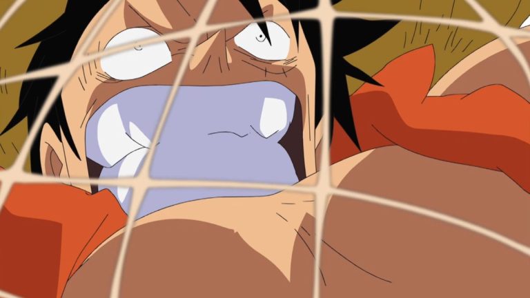 Official One Piece Episode 429 story scene from the Little East Blue and Strong World television tie-in specials, Boss, Yoko, the Amigo Pirates, Jinbe, Whitebeard, Galdino, and the Impel Down Sphinx