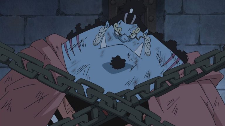 Official One Piece Episode 430 story scene from the Little East Blue and Strong World television tie-in specials, Boss, Yoko, the Amigo Pirates, Jinbe, Whitebeard, Galdino, and the Impel Down Sphinx
