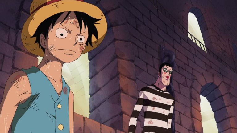 Official One Piece Episode 433 story scene from Impel Down Starvation Hell, Saldeath, Bon Clay, Ivankov, Minotaurus, Blazing Hell, Hannyabal, the Jailer Beasts, and Magellan
