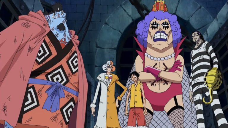 Official One Piece Episode 443 story scene from Impel Down, Luffy, Bon Clay, Ivankov, Inazuma, Ace, Jinbe, Crocodile, Blackbeard, Shiryu, and the Level Six breakout