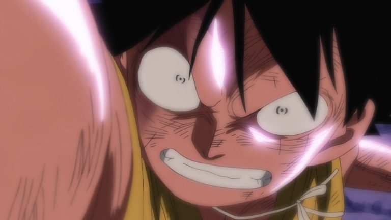 Official One Piece Episode 447 story scene from Impel Down, Hannyabal, Luffy, Blackbeard, Jinbe, Ivankov, Inazuma, Bon Clay, Mr. 3, Magellan, and Venom Demon
