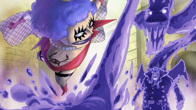 Official One Piece Episode 448 story scene from Impel Down, Hannyabal, Luffy, Blackbeard, Jinbe, Ivankov, Inazuma, Bon Clay, Mr. 3, Magellan, and Venom Demon