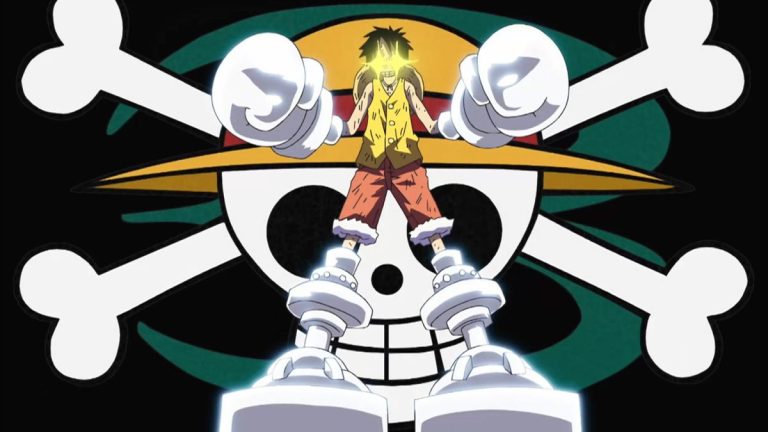 Official One Piece Episode 449 story scene from Impel Down, Hannyabal, Luffy, Blackbeard, Jinbe, Ivankov, Inazuma, Bon Clay, Mr. 3, Magellan, and Venom Demon