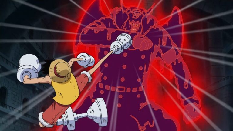 Official One Piece Episode 450 story scene from Impel Down, Hannyabal, Luffy, Blackbeard, Jinbe, Ivankov, Inazuma, Bon Clay, Mr. 3, Magellan, and Venom Demon