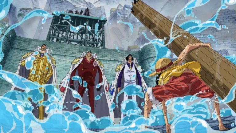 Official One Piece Episode 474 story scene from Marineford, Luffy, Ace, Whitebeard, Squard, Akainu, Sengoku, Sentomaru, the Pacifistas, the Moby Dick, Oars, Crocodile, and Doflamingo