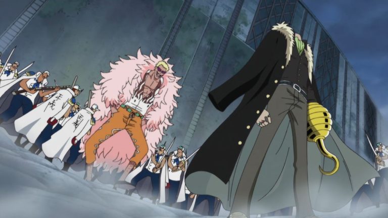 Official One Piece Episode 475 story scene from Marineford, Luffy, Ace, Whitebeard, Squard, Akainu, Sengoku, Sentomaru, the Pacifistas, the Moby Dick, Oars, Crocodile, and Doflamingo