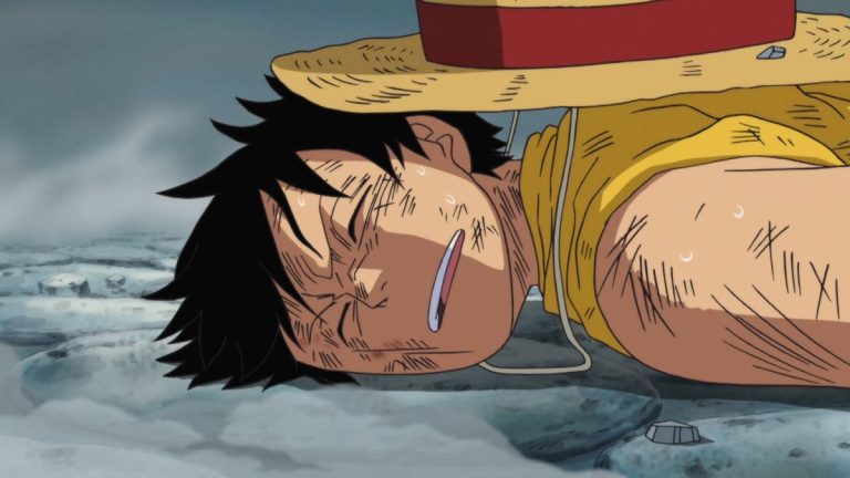 Official One Piece Episode 476 story scene from Marineford, Luffy, Ace, Whitebeard, Ivankov, Koby, Helmeppo, Inazuma, Garp, Sengoku, the admirals, and the execution platform