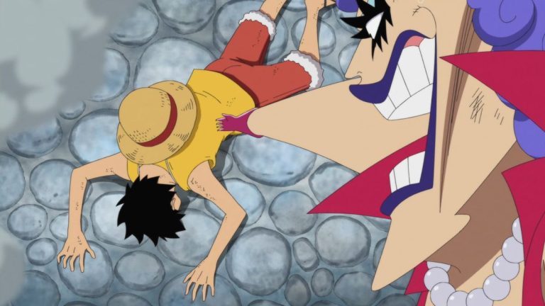 Official One Piece Episode 477 story scene from Marineford, Luffy, Ace, Whitebeard, Ivankov, Koby, Helmeppo, Inazuma, Garp, Sengoku, the admirals, and the execution platform