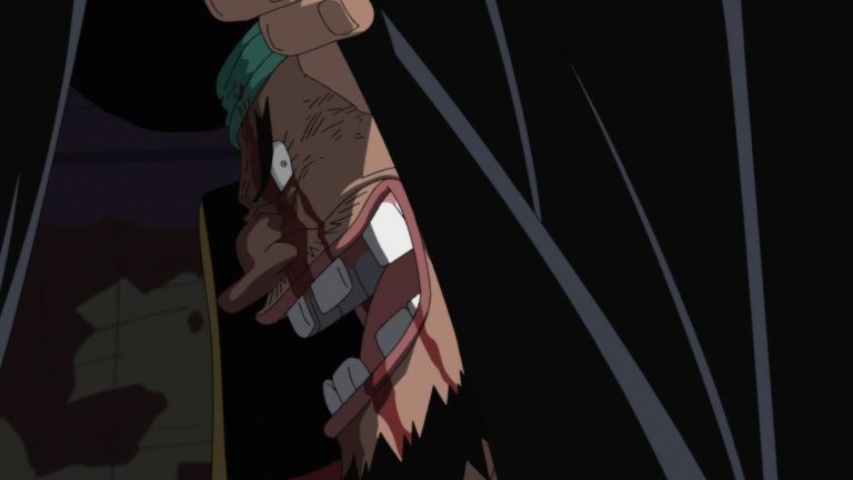 Official One Piece Episode 486 story scene from Marineford, Blackbeard, Whitebeard, Luffy, Jinbe, Akainu, Law, Koby, Shanks, Sengoku, Garp, Marco, Vista, and Buggy