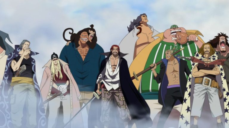 Official One Piece Episode 489 story scene from Marineford, Blackbeard, Whitebeard, Luffy, Jinbe, Akainu, Law, Koby, Shanks, Sengoku, Garp, Marco, Vista, and Buggy