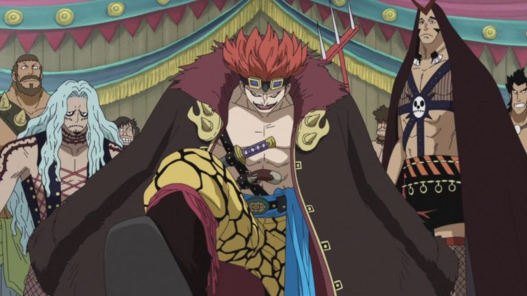 Official One Piece Episode 490 story scene from Marineford, Blackbeard, Whitebeard, Luffy, Jinbe, Akainu, Law, Koby, Shanks, Sengoku, Garp, Marco, Vista, and Buggy