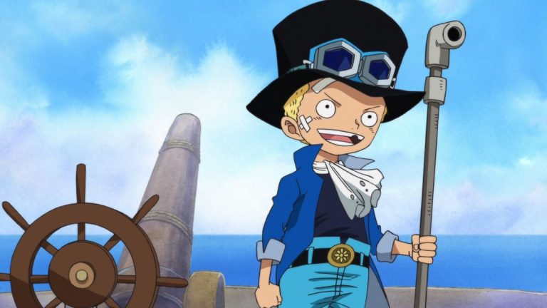 Official One Piece Episode 502 story scene from Gray Terminal, Goa Kingdom, young Luffy, Ace, Sabo, Dadan, Bluejam, Dragon, Saint Jalmack, Garp, Makino, Jinbe, and the Straw Hats
