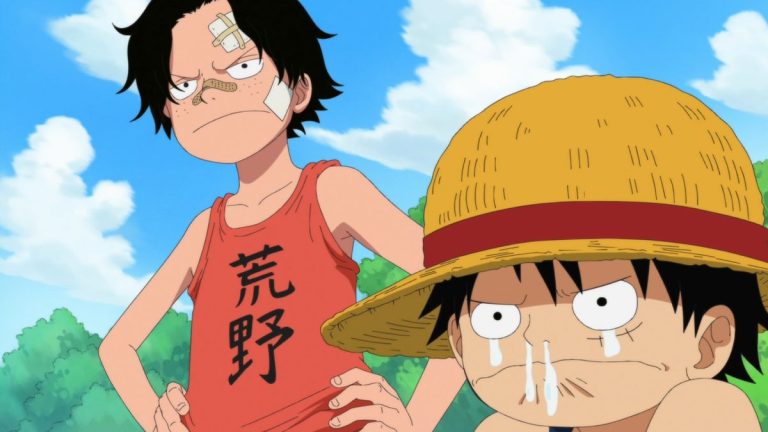 Official One Piece Episode 503 story scene from Gray Terminal, Goa Kingdom, young Luffy, Ace, Sabo, Dadan, Bluejam, Dragon, Saint Jalmack, Garp, Makino, Jinbe, and the Straw Hats